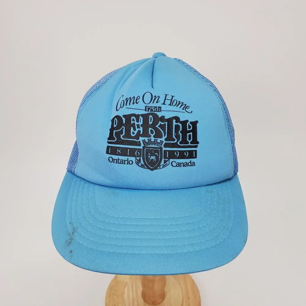 Vintage Perth Ontario 175th Anniversary Trucker Hat Blue Mesh Snapback Cap 1991